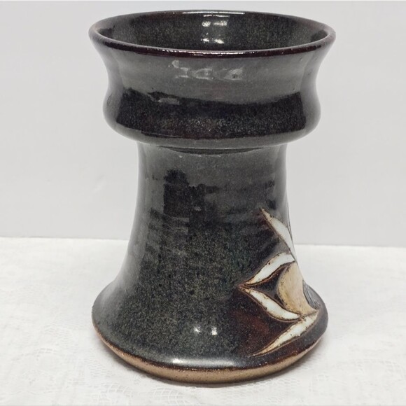 Vintage 80s Scandinavian Stoneware Pottery Floral Vase Blue Brown Signed Rustic - Picture 7 of 12